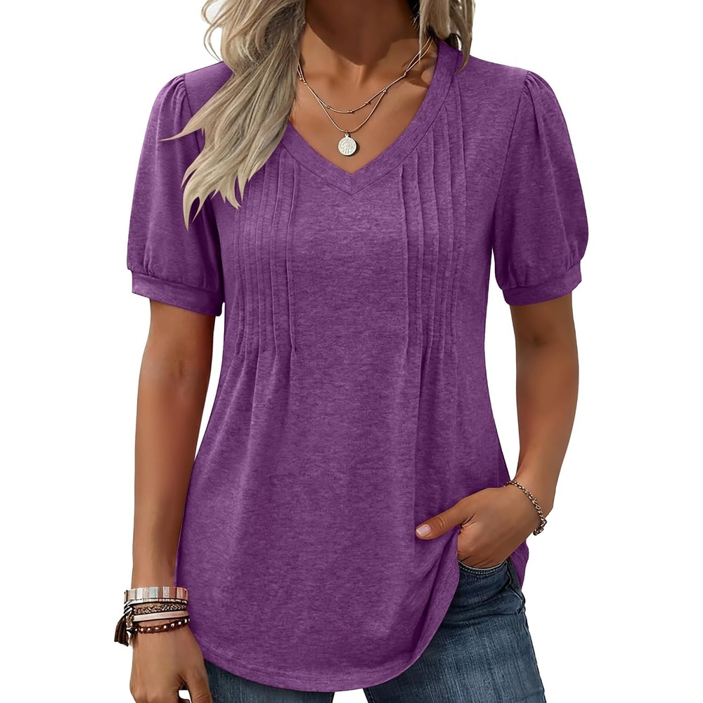 image:imageZeagoo Womens Summer Tops 2026 Puff Short Sleeve Shirts V Neck Tunic blousePurple