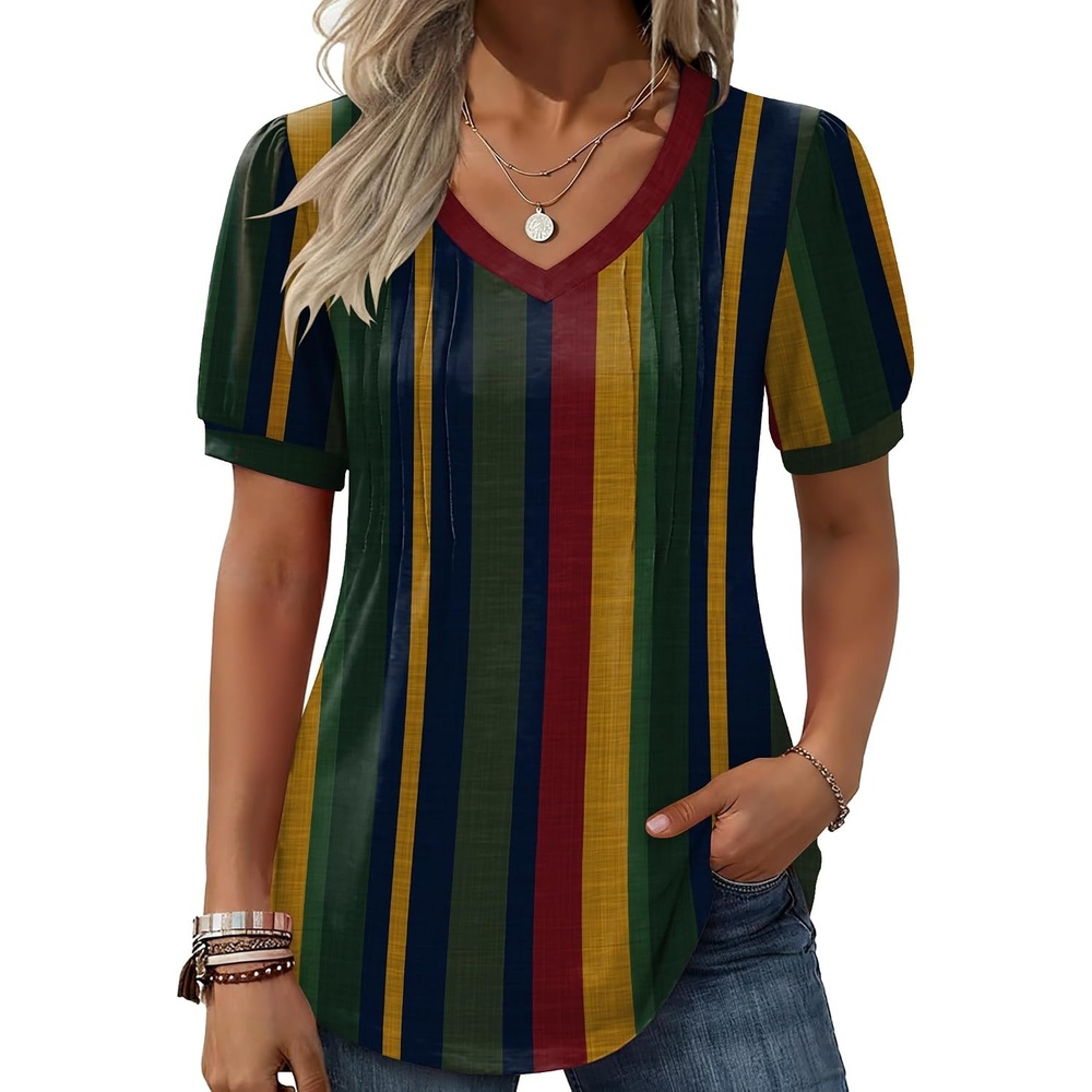 image:imageZeagoo Womens Summer Tops 2026 Puff Short Sleeve Shirts V Neck Tunic blouseStripe Tz275