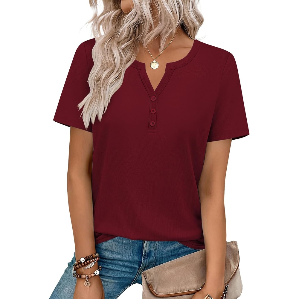 image:imageZeagoo Womens Summer Tops V Neck Short Sleeve Shirts Dressy Casual BlouseWine Red