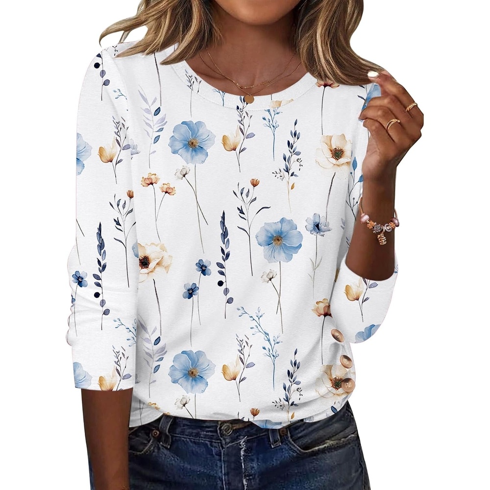 image:imageZeagoo Womens Tops 2025 Long Sleeve Shirts for Fall Round Neck Blouses Floral Tunic Tops with Buttons DecorFloral112