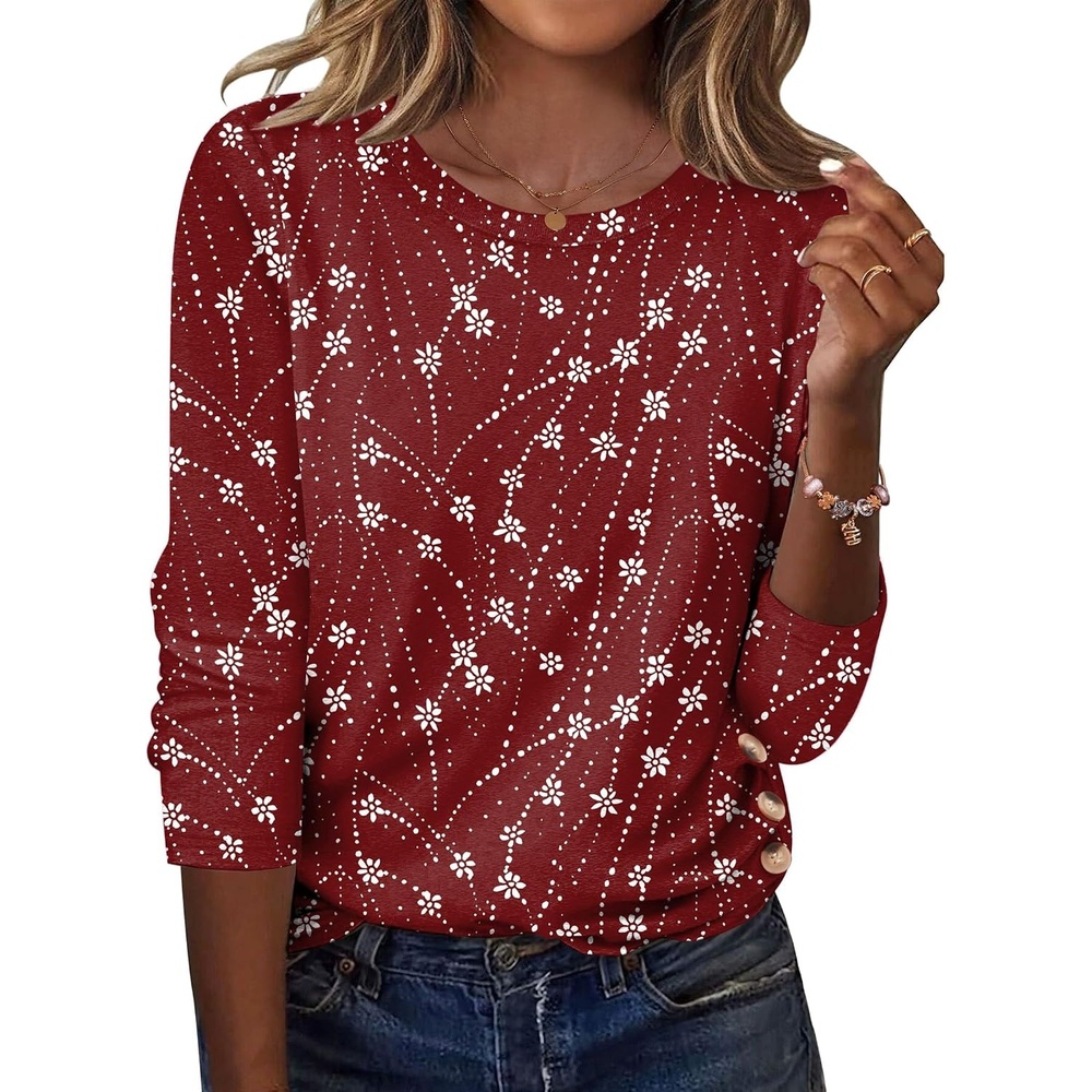 image:imageZeagoo Womens Tops 2025 Long Sleeve Shirts for Fall Round Neck Blouses Floral Tunic Tops with Buttons DecorFloral140