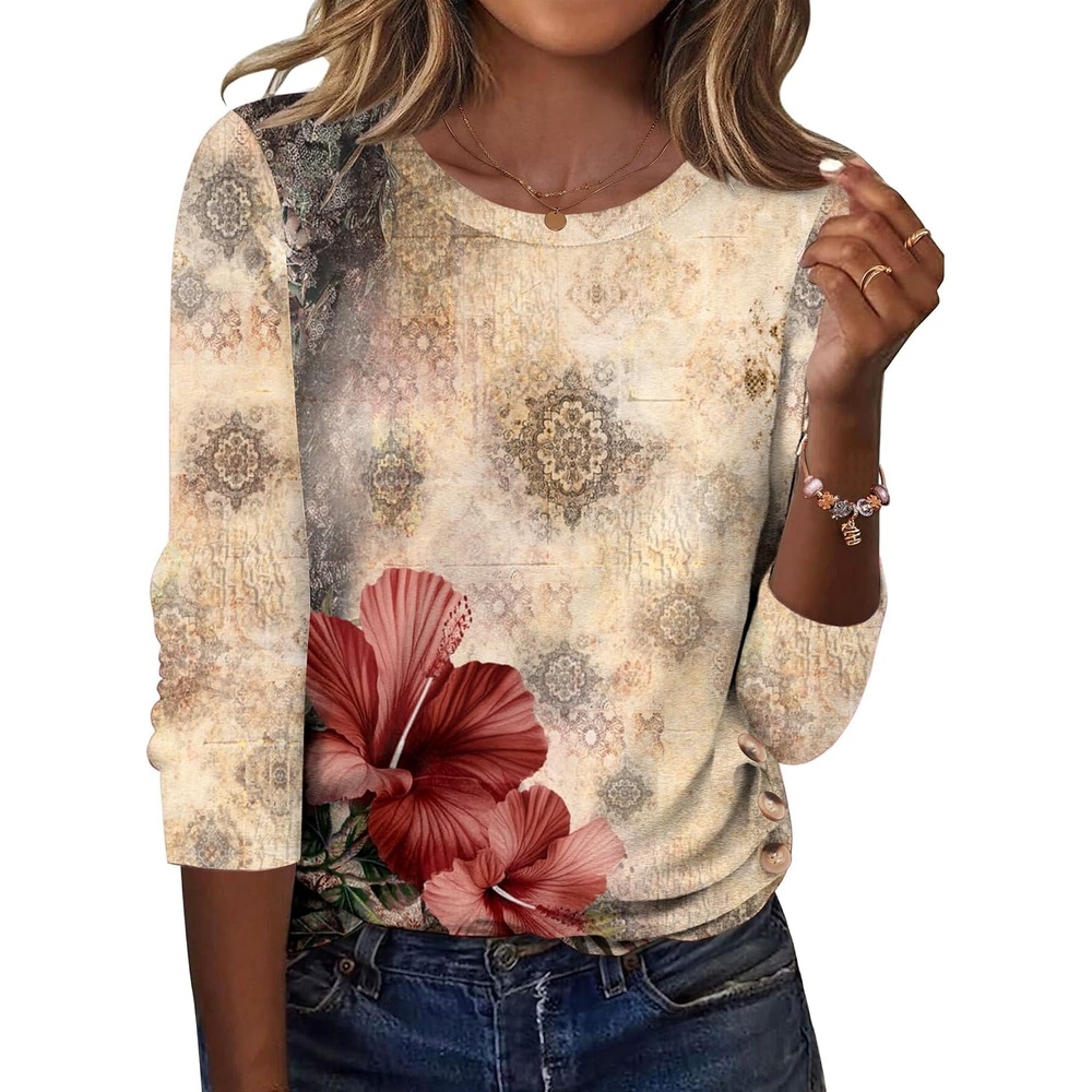 image:imageZeagoo Womens Tops 2025 Long Sleeve Shirts for Fall Round Neck Blouses Floral Tunic Tops with Buttons DecorFloral275