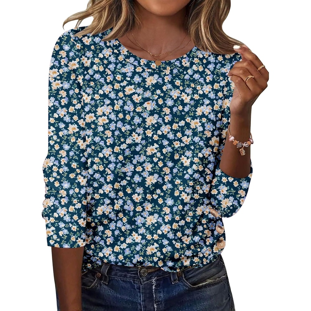 image:imageZeagoo Womens Tops 2025 Long Sleeve Shirts for Fall Round Neck Blouses Floral Tunic Tops with Buttons DecorFloral369