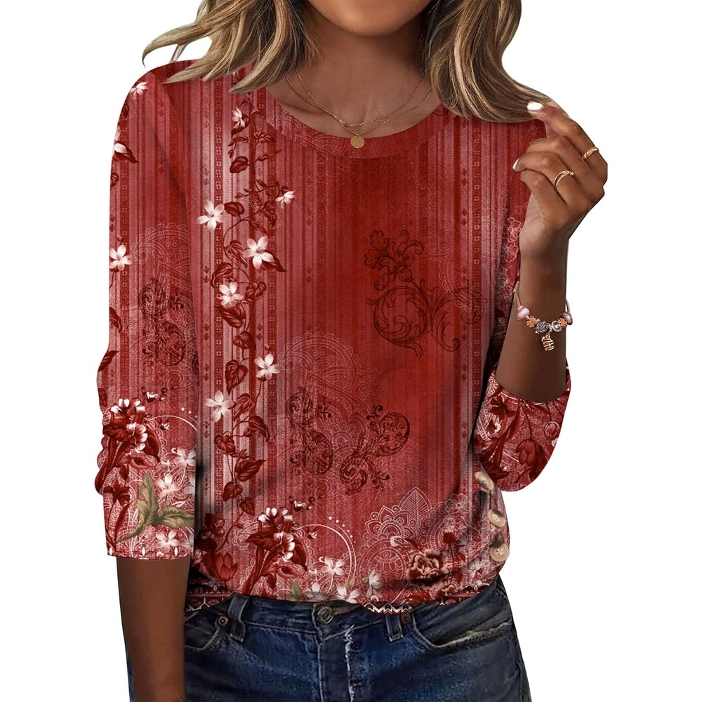 image:imageZeagoo Womens Tops 2025 Long Sleeve Shirts for Fall Round Neck Blouses Floral Tunic Tops with Buttons DecorFloral766