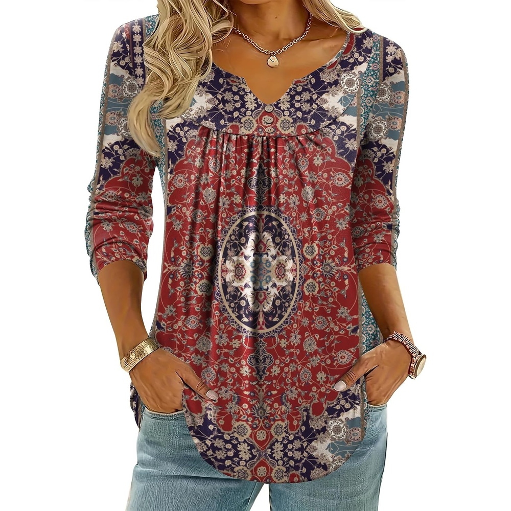 image:imageZeagoo Womens Tops Long Sleeve Shirts Boho Tops for Women 2026 Fall Blouses Ladies Sweatshirts Spring Fashion ClothingEthnic Rug Pattern