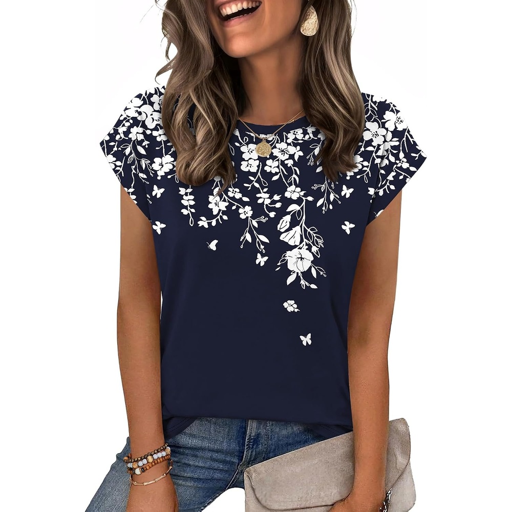 image:imageZeagoo Womens Tops Summer Casual Cap Sleeve Tshirts Shirts Business BlousesNavy Floral