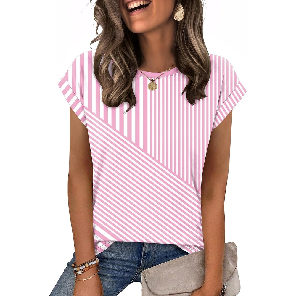 image:imageZeagoo Womens Tops Summer Casual Cap Sleeve Tshirts Shirts Business BlousesPink Stripes
