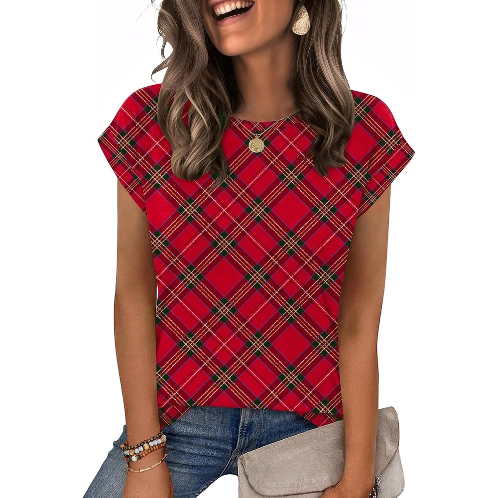 image:imageZeagoo Womens Tops Summer Casual Cap Sleeve Tshirts Shirts Business BlousesRed Plaid