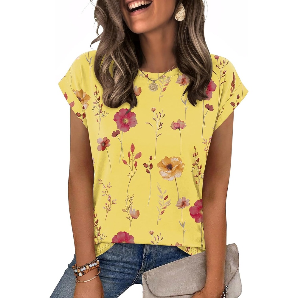 image:imageZeagoo Womens Tops Summer Casual Cap Sleeve Tshirts Shirts Business BlousesYellow Floral