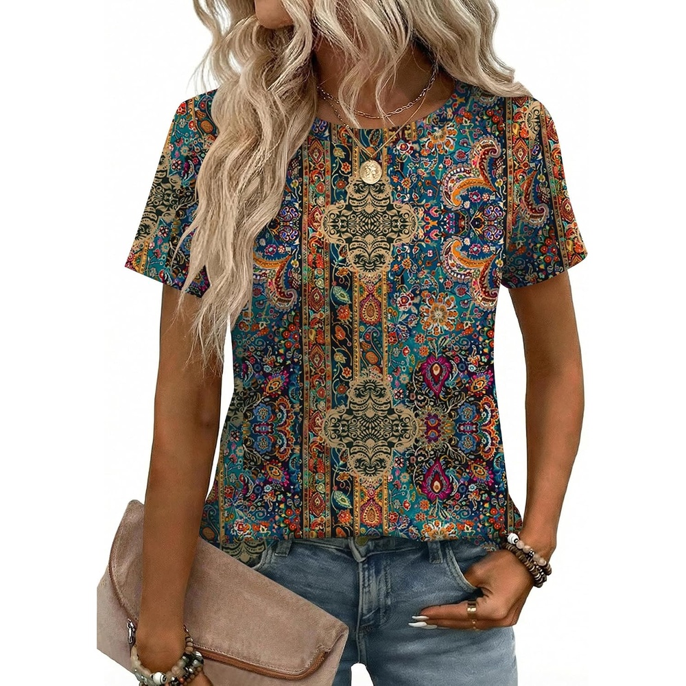 image:imageZeagoo Womens Tshirt Short Sleeve Summer Tops Crewneck Casual Basic Tee Shirts Spring Clothes Trendy OutfitZ Boho Multicolor 721