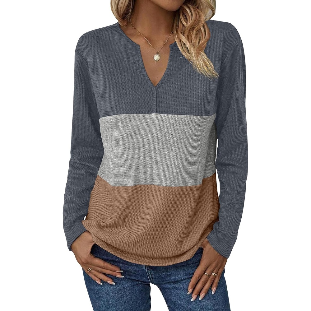 image:imageZeagoo Womens Waffle Shirts V Neck Long Sleeve Tops Color Block TShirts Casual Pullover Tunics 2025 Fashion Basic TeesAcharcoalGrayBrown
