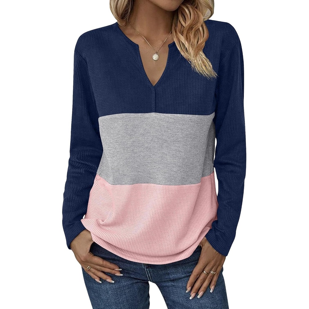 image:imageZeagoo Womens Waffle Shirts V Neck Long Sleeve Tops Color Block TShirts Casual Pullover Tunics 2025 Fashion Basic TeesAnavy BlueGrayPink