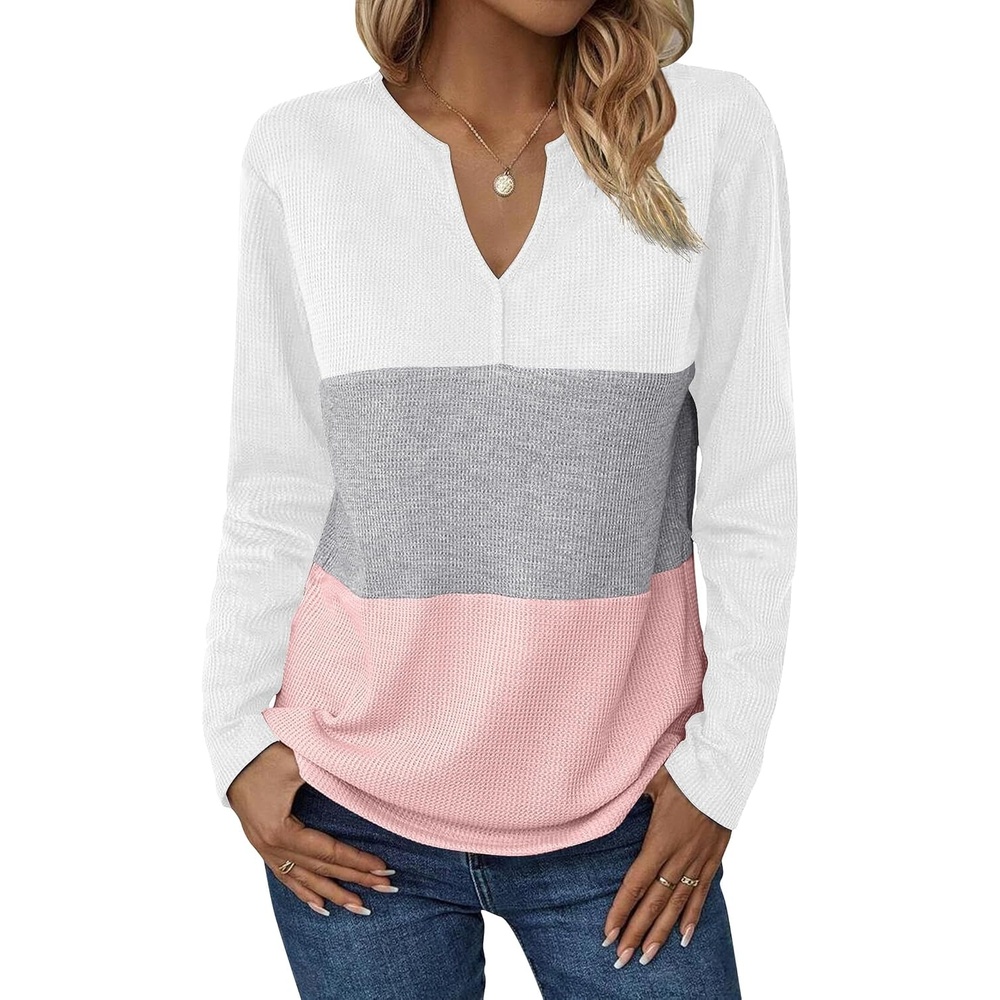 image:imageZeagoo Womens Waffle Shirts V Neck Long Sleeve Tops Color Block TShirts Casual Pullover Tunics 2025 Fashion Basic TeesAwhiteGrayPink