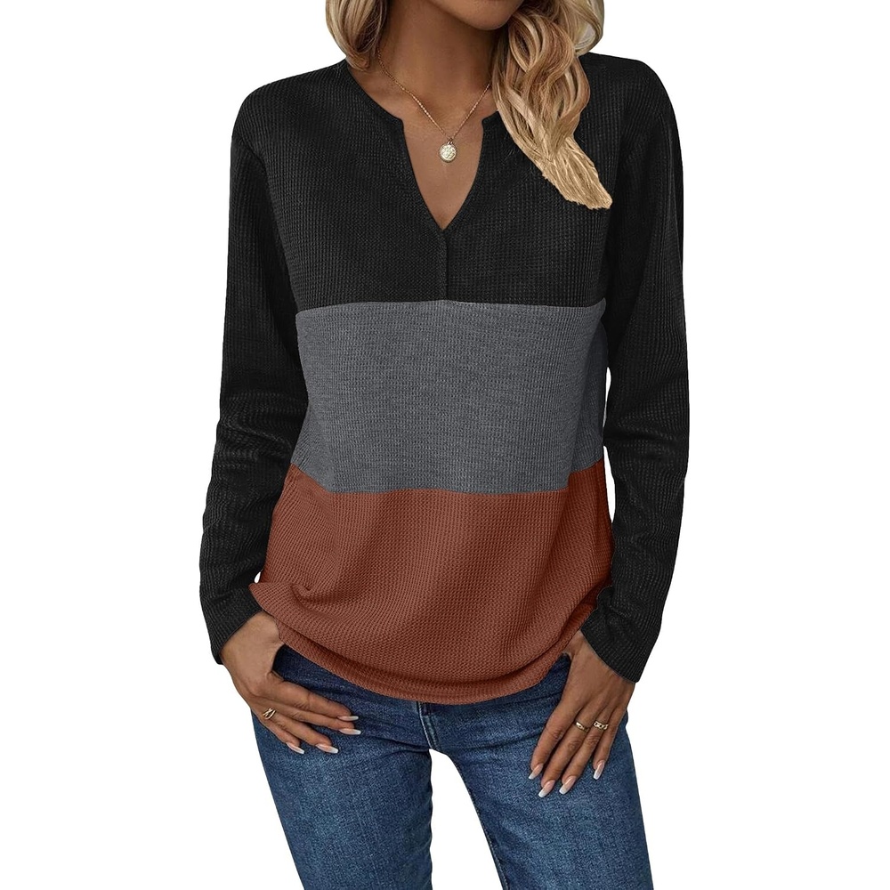 image:imageZeagoo Womens Waffle Shirts V Neck Long Sleeve Tops Color Block TShirts Casual Pullover Tunics 2025 Fashion Basic TeesBlackCharcoalCaramel