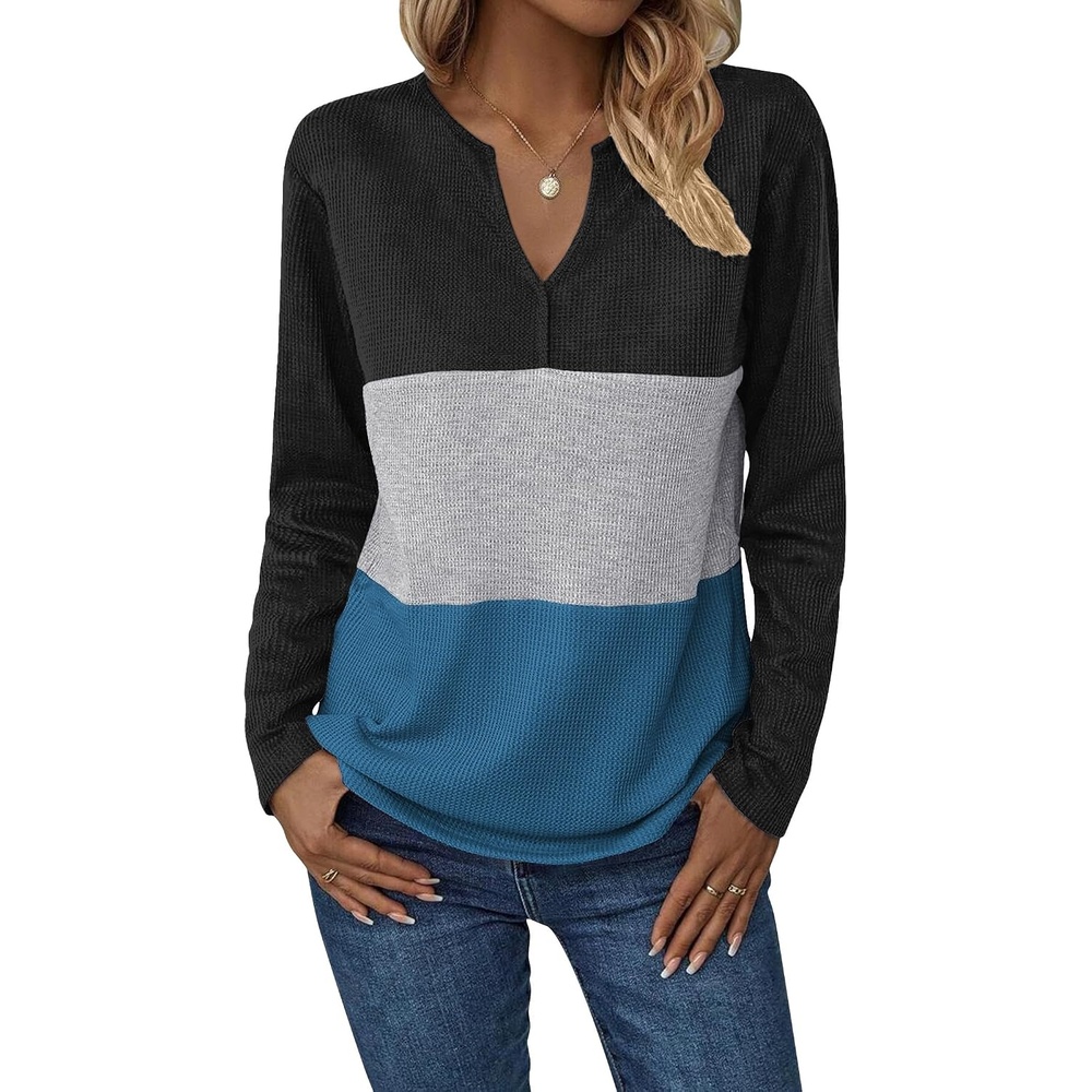 image:imageZeagoo Womens Waffle Shirts V Neck Long Sleeve Tops Color Block TShirts Casual Pullover Tunics 2025 Fashion Basic TeesBlackGrayDeep Blue