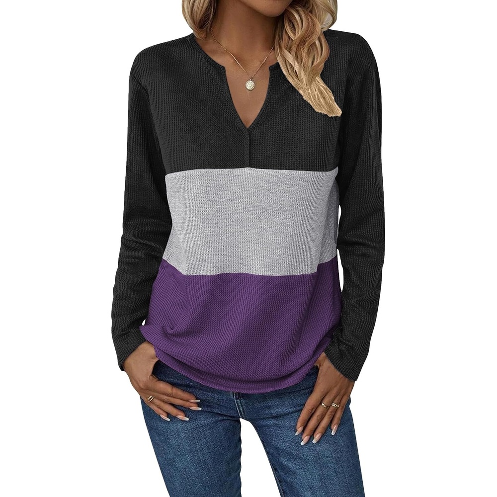image:imageZeagoo Womens Waffle Shirts V Neck Long Sleeve Tops Color Block TShirts Casual Pullover Tunics 2025 Fashion Basic TeesBlackGrayPurple