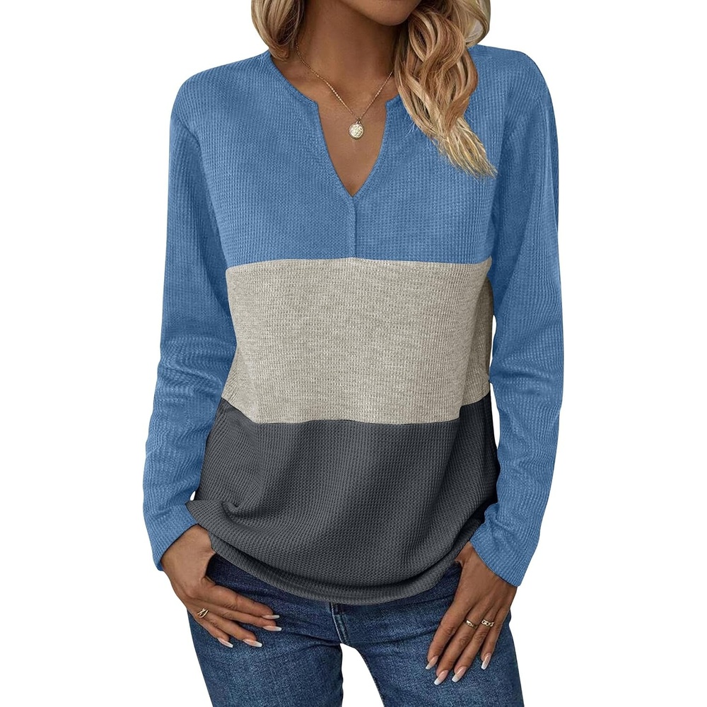 image:imageZeagoo Womens Waffle Shirts V Neck Long Sleeve Tops Color Block TShirts Casual Pullover Tunics 2025 Fashion Basic TeesBlueBeigeCharcoal
