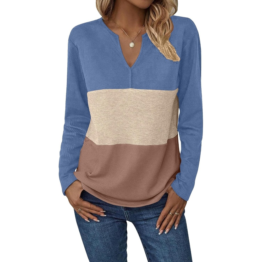 image:imageZeagoo Womens Waffle Shirts V Neck Long Sleeve Tops Color Block TShirts Casual Pullover Tunics 2025 Fashion Basic TeesBlueLight BrownBrown
