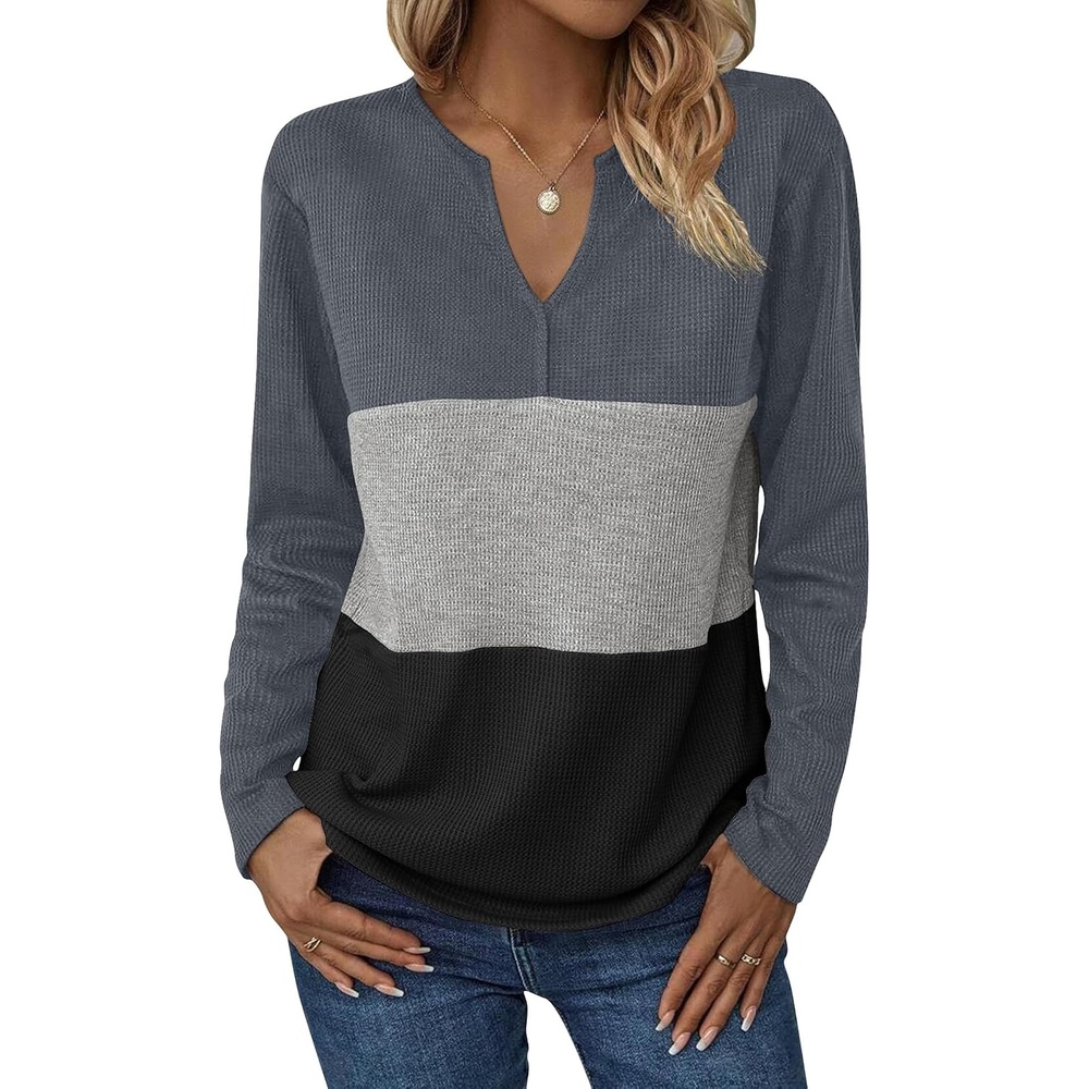image:imageZeagoo Womens Waffle Shirts V Neck Long Sleeve Tops Color Block TShirts Casual Pullover Tunics 2025 Fashion Basic TeesCharcoalGrayBlack