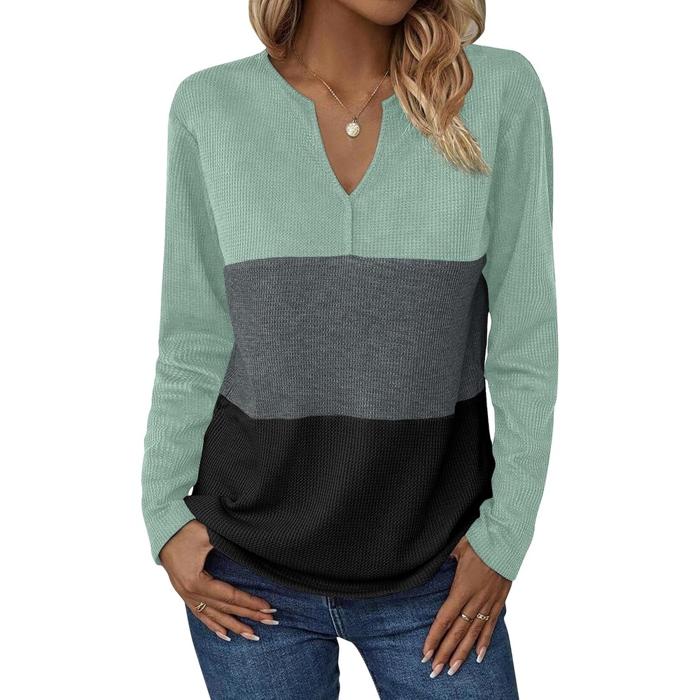 image:imageZeagoo Womens Waffle Shirts V Neck Long Sleeve Tops Color Block TShirts Casual Pullover Tunics 2025 Fashion Basic TeesMintCharcoalBlack
