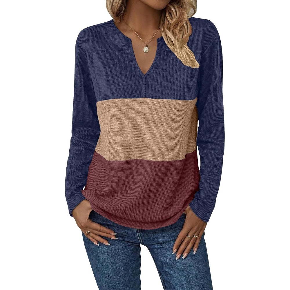 image:imageZeagoo Womens Waffle Shirts V Neck Long Sleeve Tops Color Block TShirts Casual Pullover Tunics 2025 Fashion Basic TeesNavy BlueBrownRed