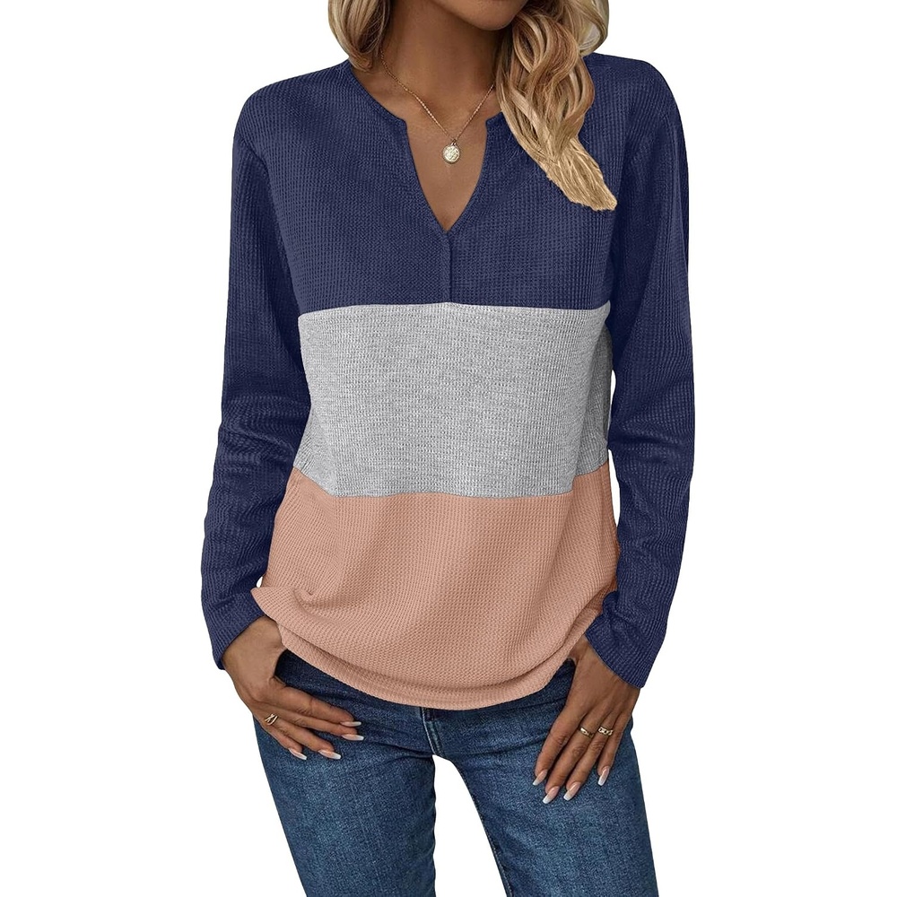 image:imageZeagoo Womens Waffle Shirts V Neck Long Sleeve Tops Color Block TShirts Casual Pullover Tunics 2025 Fashion Basic TeesNavy BlueGrayLight Brown