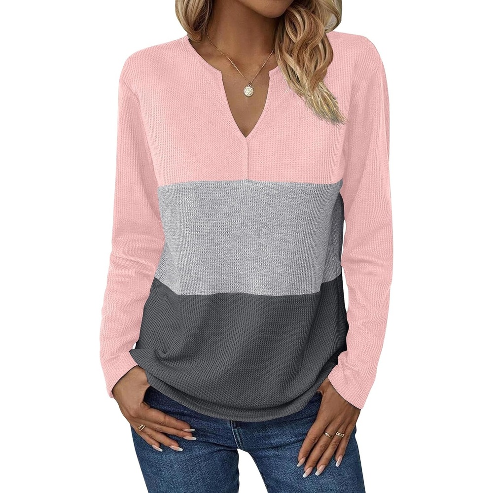 image:imageZeagoo Womens Waffle Shirts V Neck Long Sleeve Tops Color Block TShirts Casual Pullover Tunics 2025 Fashion Basic TeesPinkGrayCharcoal