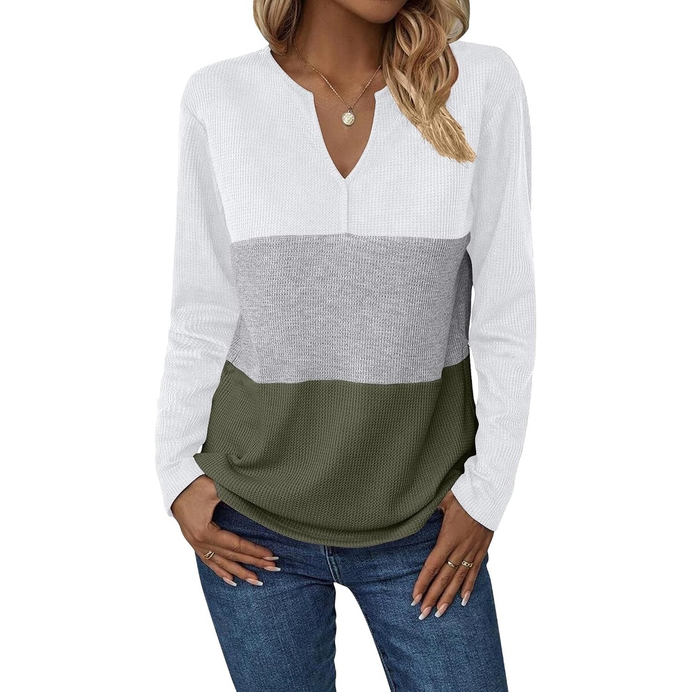 image:imageZeagoo Womens Waffle Shirts V Neck Long Sleeve Tops Color Block TShirts Casual Pullover Tunics 2025 Fashion Basic TeesWhiteGrayArmy Green