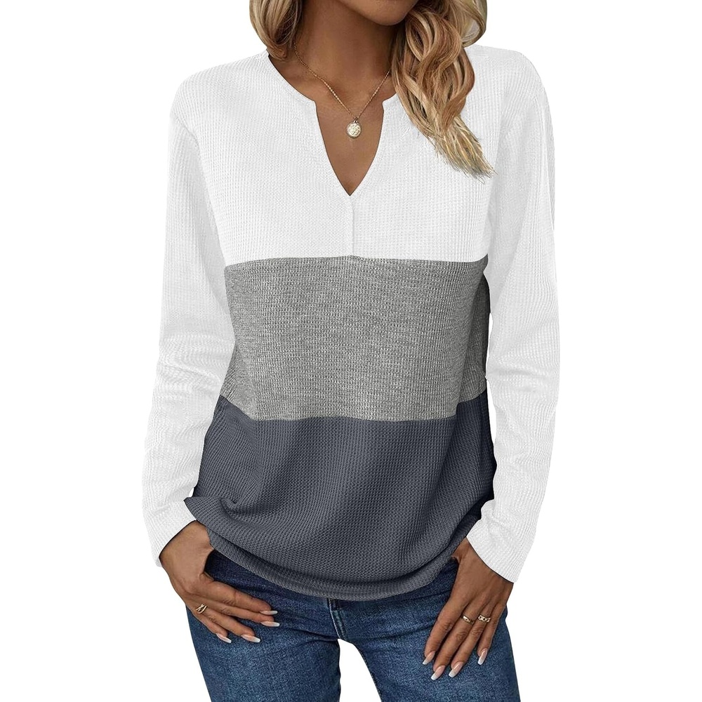 image:imageZeagoo Womens Waffle Shirts V Neck Long Sleeve Tops Color Block TShirts Casual Pullover Tunics 2025 Fashion Basic TeesWhiteGrayCharcoal