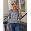 Zeagoo Long Sleeve Shirts for Women Casual V Neck Fall Tops Summer Blouses(Floral Grey)