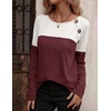 Zeagoo Women Waffle Knit Shirts Long Sleeve Colorblock Tee Button Detail Tunics(Black+ Deep Red)