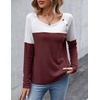 Zeagoo Women Waffle Knit Shirts Long Sleeve Colorblock Tee Button Detail Tunics(Black+ Deep Red)