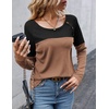Zeagoo Women Waffle Knit Shirts Long Sleeve Colorblock Tee Button Detail Tunics(Black+brown)