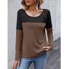 Zeagoo Women Waffle Knit Shirts Long Sleeve Colorblock Tee Button Detail Tunics(Brown)
