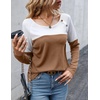 Zeagoo Women Waffle Knit Shirts Long Sleeve Colorblock Tee Button Detail Tunics(Light Brown)