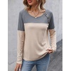 Zeagoo Women Waffle Knit Shirts Long Sleeve Colorblock Tee Button Detail Tunics(Light Gray+ Champagne)