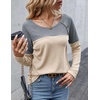 Zeagoo Women Waffle Knit Shirts Long Sleeve Colorblock Tee Button Detail Tunics(Light Gray+ Champagne)