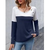 Zeagoo Women Waffle Knit Shirts Long Sleeve Colorblock Tee Button Detail Tunics(Navy)