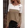 Zeagoo Women Waffle Knit Shirts Long Sleeve Colorblock Tee Button Detail Tunics(White+ Khaki)