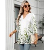 Zeagoo Womens 3/4 Length Sleeve Tops V Neck Tunic Dressy Casual Blouse(Green Leaf on White Wf135)