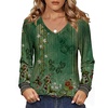 Zeagoo Womens Long Sleeve Tops V Neck Pleated Shirts Dressy Casual Blouses Fall Fashion Tunic Clothes 2026 T-Shirts(01-green Floral)