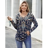 Zeagoo Womens Tops Long Sleeve Shirts Boho Tops for Women 2026 Fall Blouses Ladies Sweatshirts Spring Fashion Clothing(Navy Blue Ethnic)