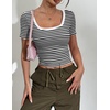 Zeagoo Womens Tops Short Sleeve Rib Knit Basic Tee Scoop Neck Fitted Shirt(Black White Stripes)