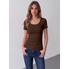 Zeagoo Womens Tops Short Sleeve Rib Knit Basic Tee Scoop Neck Fitted Shirt(Brown)