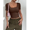 Zeagoo Womens Tops Short Sleeve Rib Knit Basic Tee Scoop Neck Fitted Shirt(Brown)