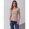 Zeagoo Womens Tops Short Sleeve Rib Knit Basic Tee Scoop Neck Fitted Shirt(Brown White Stripes)