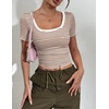 Zeagoo Womens Tops Short Sleeve Rib Knit Basic Tee Scoop Neck Fitted Shirt(Brown White Stripes)