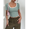 Zeagoo Womens Tops Short Sleeve Rib Knit Basic Tee Scoop Neck Fitted Shirt(Green White Stripes)