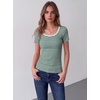 Zeagoo Womens Tops Short Sleeve Rib Knit Basic Tee Scoop Neck Fitted Shirt(Green White Stripes)