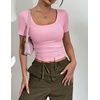 Zeagoo Womens Tops Short Sleeve Rib Knit Basic Tee Scoop Neck Fitted Shirt(Pink)